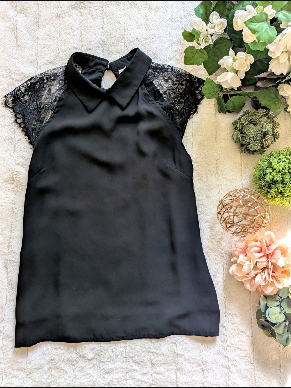 Black Lace Cap Sleeve Peter Pan Collar Top